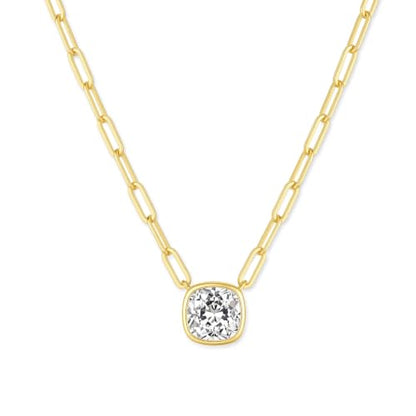14K Gold Plated Paperclip Chain Necklace, 5A Cubic Zirconia Solitaire Pendant Necklace for Women - color: Cushion Bezel