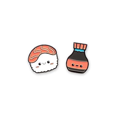 Enamel Pin Set (2 Pins Per Set) for Backpack, Bag, Lapel, Noodles, Food, Kawaii Button Collector - style: Sushi & Soy Sauce