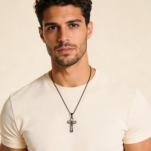 Men's Cross Necklace 316L Stainless Steel Large Heavy Cross Pendant for Men Polished Jewelry Rolo Chain with 22'' 24'' 26'' - color: F-Black and White, size: 26 inch