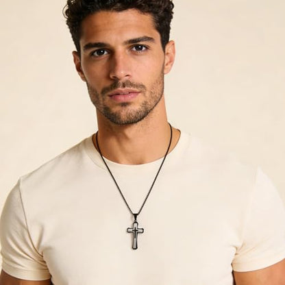 Men's Cross Necklace 316L Stainless Steel Large Heavy Cross Pendant for Men Polished Jewelry Rolo Chain with 22'' 24'' 26'' - color: F-Black and White, size: 26 inch