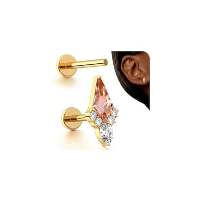 G23 Titanium 16G Tragus Conch Piercing Jewelry Flat Back Stud Earrings | Hypoallergenic CZ Nose Dangle Helix Medusa Lip Labret Body Piercing Jewelry, 14K Gold Plated, Silver, 6 and 8 mm Post Length - color: Majesty-14K Gold
