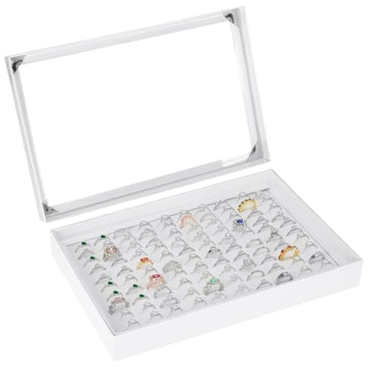 KUKUVR 100 Slots Ring Earring Holder Display Case (White) | Velvet, Clear Lid, Ring Earring Storage Organizer Box Tray, for Women and Selling Show - color: White