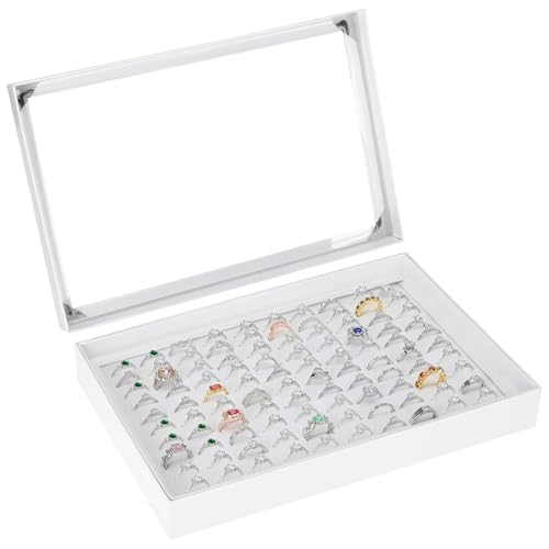 KUKUVR 100 Slots Ring Earring Holder Display Case (White) | Velvet, Clear Lid, Ring Earring Storage Organizer Box Tray, for Women and Selling Show - color: White