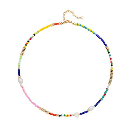 Wellike Freshwater Pearl Beaded Necklace for Women Handmade Boho Colorful Glass Beads Choker Necklace Stainless Steel 18K Gold Plated Bohemian Women Summer Jewelry Gifts - color: KKWX0521AMZ