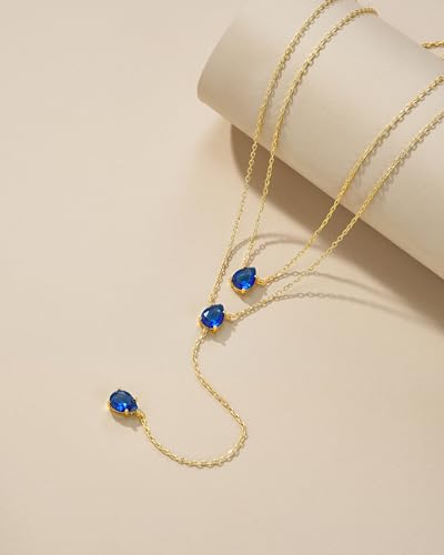 SNGIA Long 18K Gold Plated Blue Green Red Layered Pendant Necklace For Women (Emerald, Ruby, Seafoam, Sky, Sapphire, Pink), Dainty Birthstone Necklace, Statement Necklace Jewelry Gifts. - style: Sapphire