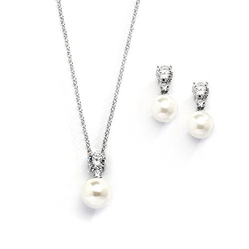 Mariell Pearl Wedding Necklace Earrings Set with CZ Crystal, Jewelry for Brides, Bridesmaid, Mother's Day - color: Silver-Clear Cubic Zirconia
