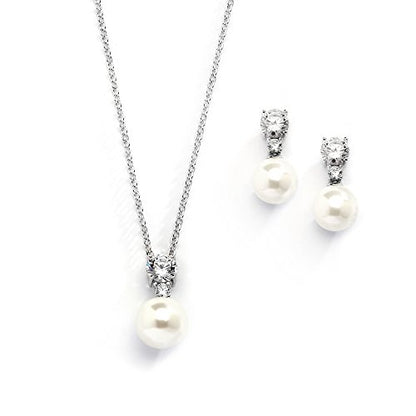 Mariell Pearl Wedding Necklace Earrings Set with CZ Crystal, Jewelry for Brides, Bridesmaid, Mother's Day - color: Silver-Clear Cubic Zirconia