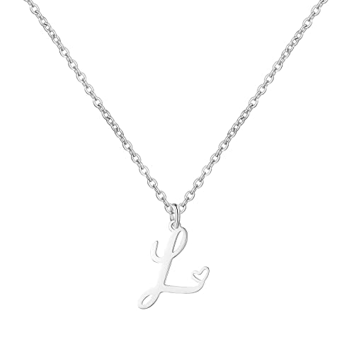 Gold Heart Initial Necklaces for Women, Minimalist Initial Heart Necklaces for Her, Dainty Alphabet Letter Pendant Necklaces Gift Jewelry - color: Silver, style: L