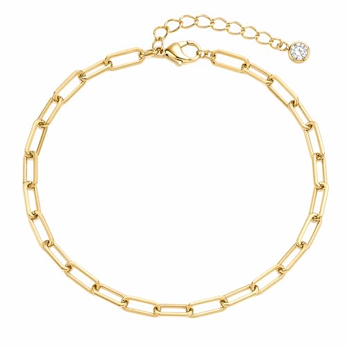 Gold Anklets for Women Waterproof, 14K Gold Layered Ankle Bracelet, Cuban, Herringbone, Paperclip, Beaded or Turquoise Evil Eye Chain Styles, Dainty Non-Tarnish Adjustable Stainless Steel