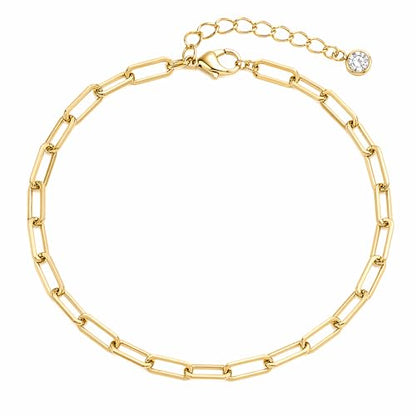 Gold Anklets for Women Waterproof, 14K Gold Layered Ankle Bracelet, Cuban, Herringbone, Paperclip, Beaded or Turquoise Evil Eye Chain Styles, Dainty Non-Tarnish Adjustable Stainless Steel