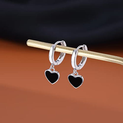 SLUYNZ Sterling Silver Black Heart Hoop Earrings for Women Teens Love Heart Hoop Earrings Huggie - color: A-SILVER