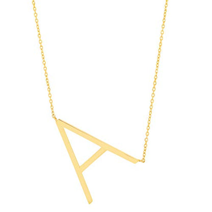 MAX + STONE 14k Gold Plated Sterling Silver Large Sideways Block Initial Letter Pendant Necklace for Woman with 16 Inches to 18 Inches Adjustable Chain and Spring Ring Clasp - style: Letter A