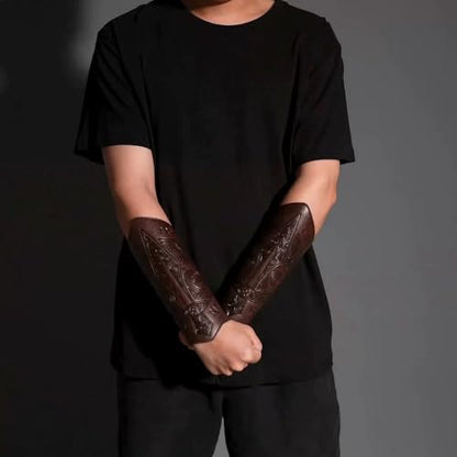 Medieval Leather Bracers Dragon Embossed Viking Leather Bracers Leather Arm Armer Cuff Leather Gauntlet Costumes Accessories - style: Medieval Sward Pattern Leather Bracers-dark Brown
