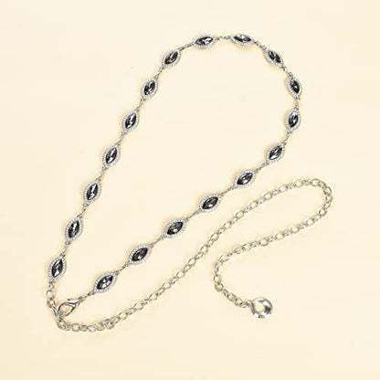 ILuvatar Green Glass Diamond Chain Belt - Metal Women's Western Style Dress Belt - color: Silver-bk
