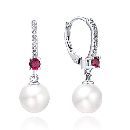 JO WISDOM 925 Sterling Silver Freshwater Pearl Hoop Earrings with Dangle Real Pearl,Simulated Pearls - color: B-8mm white pearl,ruby