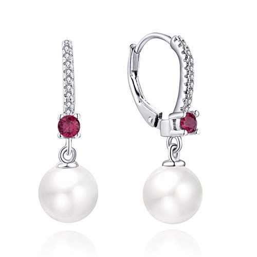 JO WISDOM 925 Sterling Silver Freshwater Pearl Hoop Earrings with Dangle Real Pearl,Simulated Pearls - color: B-8mm white pearl,ruby