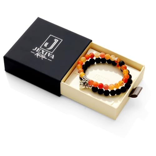 Set Of 2 Couples Bracelet Magnetic Healing Natural Bead Stone Stretch Bracelet Unisex Anniversary, Friendship, Valentine, Christmas Gift - color: Lava+Orange Weathered, style: With Luxury Giftbox