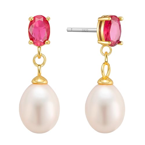 Pearl Drop Earrings Cubic Zirconia Stone Pearl Stud Earrings for Prom, Bridesmaids, Birthday Women Jewelry - color: fuchsia CZ Stone