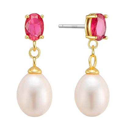 Pearl Drop Earrings Cubic Zirconia Stone Pearl Stud Earrings for Prom, Bridesmaids, Birthday Women Jewelry - color: fuchsia CZ Stone