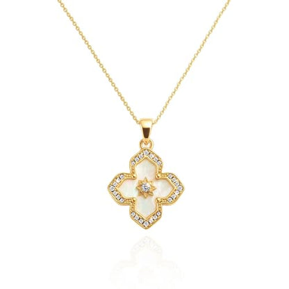 Zeffy Gold Pearl Necklace for Women, Dainty 14K Gold/Silve Plated Layered Pearl Choker Pearl Earrings Pearl Bracelets Wedding Trendy Gold Jewelry Set for Women Gifts - style: Gold Clover Necklace-1PCS