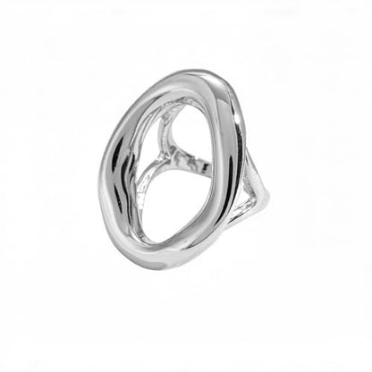 Chunky Irregular Hollow Oval Statement Ring For Women Adjustable Open Band Geometric Fashion Jewelry Gold Tone Or Silver Tone - color: Silver