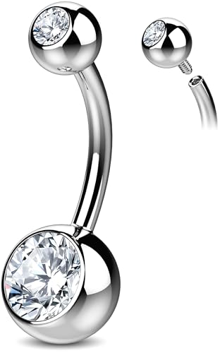 Internally Threaded Belly Button Ring G23 Titanium with Grade AAAAA Cubic Zirconia - 14g Implant Grade Titanium Belly Ring Piercing Jewelry Internal Thread - Bellybutton Rings Navel Jewelry For Women - color: Silver - 10mm