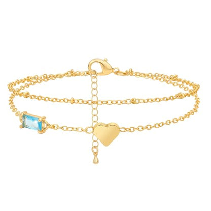 Birthstone Anklet with Heart Charm Layer Ankle Bracelet for Women, 14K Gold Plated Adjustable Chain Stackable Trendy Jewelry Gift for Her, Mom, Friend, Wife - style: 12-December