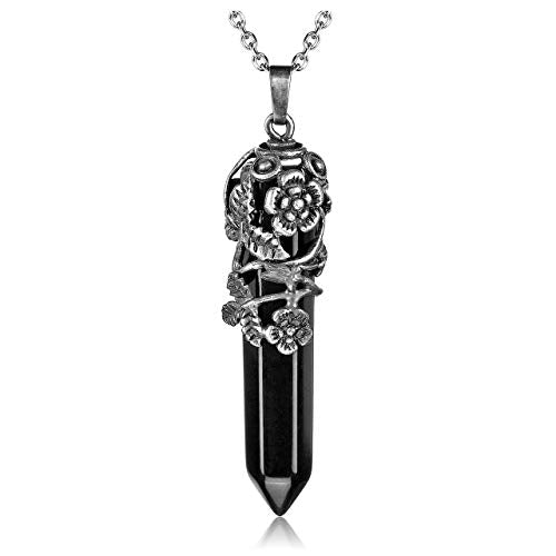 Top Plaza Flower Wrapped Natural Black Agate Crystal Necklace | Antique Silver Healing Crystal Gemstone Necklaces for Women Mothers Day Mom Gifts - color: Black Agate