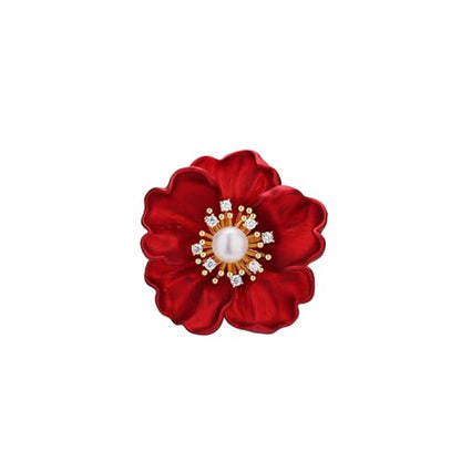 Anmpab Red Peony Flower Brooch with Pearl and Rhinestone Floral Lapel Pin for Women Blazer Dress Coat Jacket Scarf
