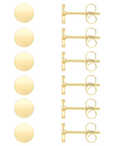 Unisex 6 Pairs Dot Stud Earrings, Surgical Steel Gold Plated Black Tiny Flat Disc Stud Earrings for Women Men - color: Gold-5mm