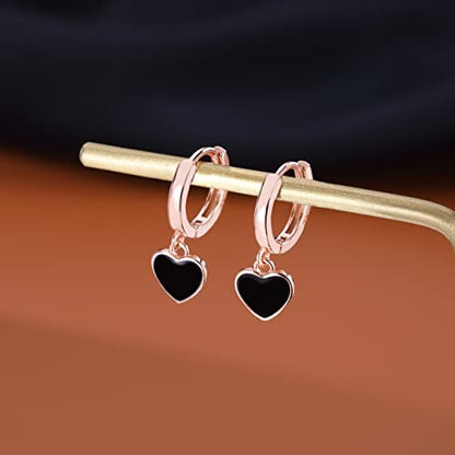 SLUYNZ Sterling Silver Black Heart Hoop Earrings for Women Teens Love Heart Hoop Earrings Huggie - color: C-Rose Color