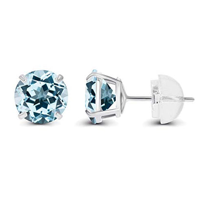Solid 14K Yellow, White or Rose Gold 4mm Round Genuine Gemstone Birthstone Prong Set Stud Earrings For Women - color: Blue Topaz-Sky Blue Topaz