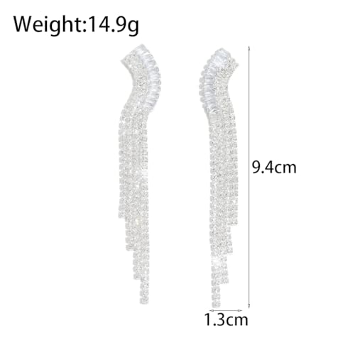 Gold Rhinestone Tassel Dangle Earrings for Women,Long Sparkly Crystal Statement Earring,Trendy Bridal Wedding Prom Jewelry Accessories - color: Silver