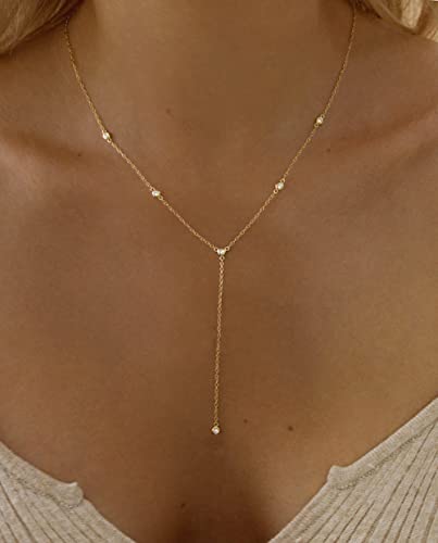 Gold Necklace for Women, Dainty Long Necklace 14k Gold Plated Lariat Long Necklaces for Women Trendy Simple Statement Drop Necklace Fashion Body Chain Prom Jewelry Gold Accessories - color: 7-Gold