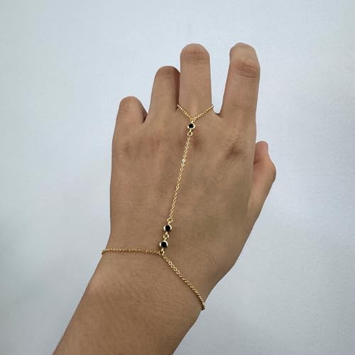 Kakikaki 925 Sterling Silver Finger Ring Bracelet Hand Chain for Women | Slave Bracelets 7" to 9" Adjustable - color: Gold, style: 3 Black
