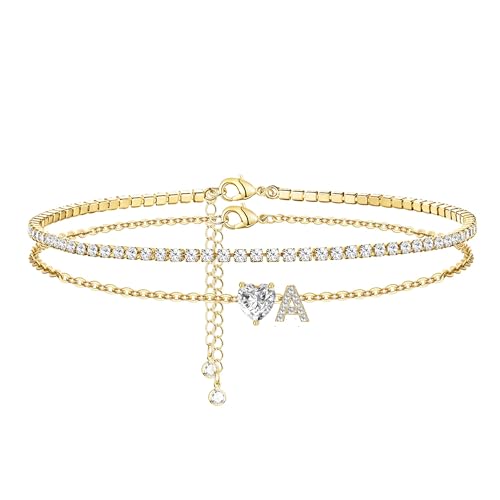 Gold Bracelets for Women Trendy Dainty 14K Gold Plated Layered Initial Tennis Bracelets for Women Non Tarnish A-Z Heart Letter Charm Gifts for Mom Best Friend - style: Gold-A