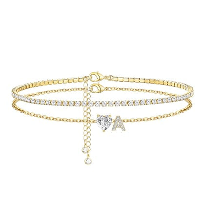 Gold Bracelets for Women Trendy Dainty 14K Gold Plated Layered Initial Tennis Bracelets for Women Non Tarnish A-Z Heart Letter Charm Gifts for Mom Best Friend - style: Gold-A