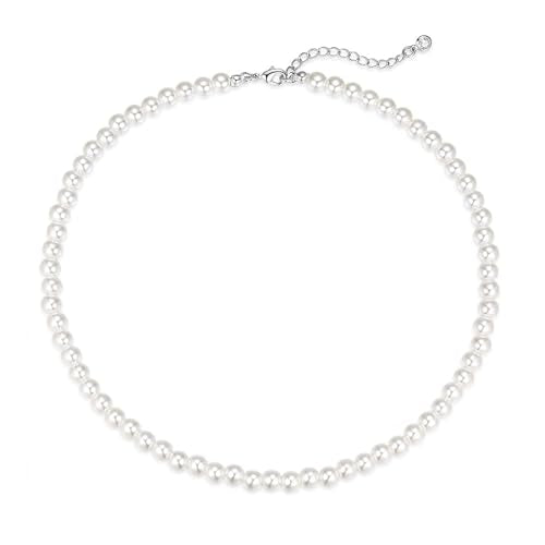 LULII Pearl Necklaces for Women 14K Gold Plated Dainty Layered Single Pearl Necklace Simple Daisy Pearls Choker Cute Gold Necklace Stack Jewelry Sets for Women Trendy Gifts - color: Silver-8mm Pearl