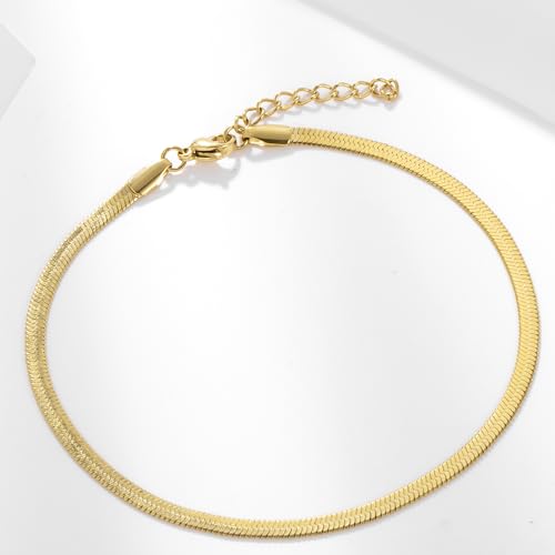 Gold Stainless Steel Anklet Chain for Women Adjustable Ankle Bracelet Fashionable Simple Design, Round mold chain - color: Gold+ Blade Chain, size: 22+3cm