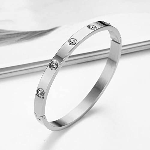 VQYSKO Love Friendship Bracelet Bangle Gold Rose Gold Silver with Cubic Zirconia Stones Stainless Steel Hinged Jewelry with Crystal Oval Bracelet Birthday Present for Her Women Teen Girls - style: 6.3 Inch-Oval-Silver
