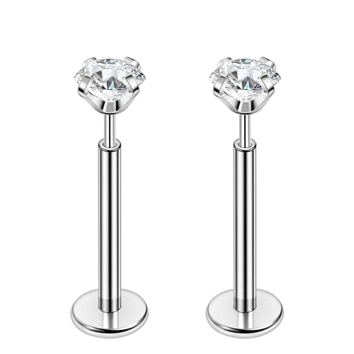 PunkTracker 16g/18g/20g Titanium Steel Threadless Flat Back Cartilage Earrings for Helix/Tragus/Conch/Daith/Earlobe - Nose Studs Lip Rings Labret Monroe Piercing Jewelry for Women Men 2PCS - style: 18g,silver,10mm bar,3mm gem