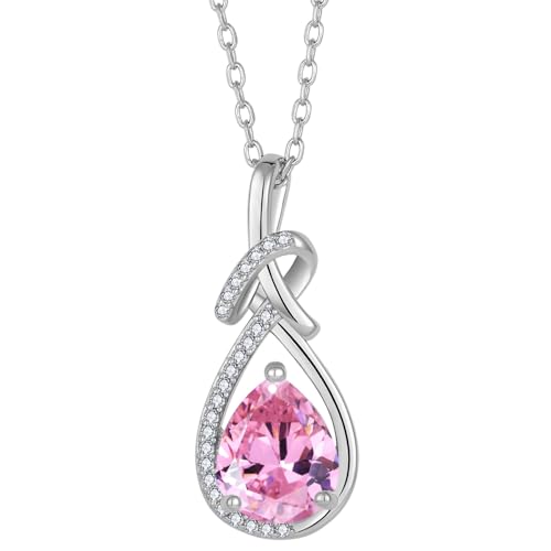Infinity Teardrop Necklace Silver Tone Pendant Birthstone Jewelry for Women - color: Pink
