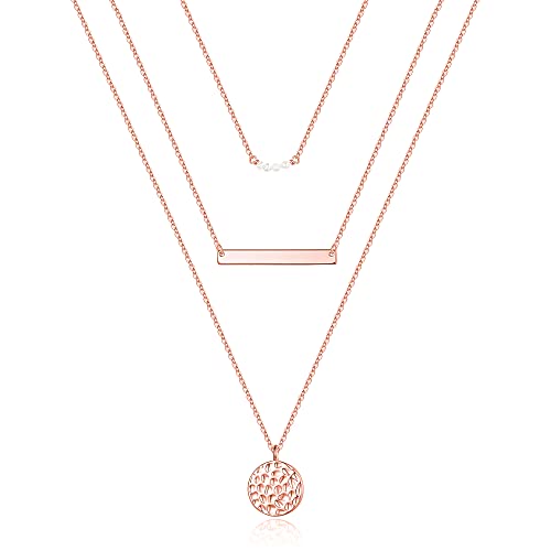 Turandoss Dainty Layered Choker Necklace, Handmade Y Pendant Necklace Multilayer Bar Disc Necklace Adjustable Layering Choker Necklaces for Women - style: 3PCS Rose Gold - simulated Pearls&Bar&Hammered Disc