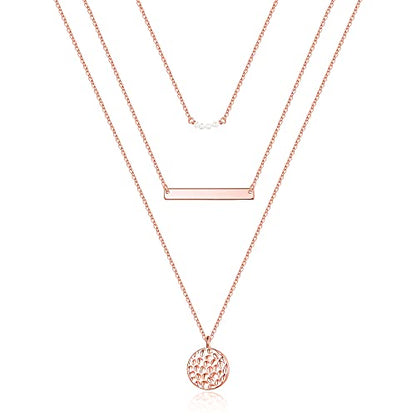 Turandoss Dainty Layered Choker Necklace, Handmade Y Pendant Necklace Multilayer Bar Disc Necklace Adjustable Layering Choker Necklaces for Women - style: 3PCS Rose Gold - simulated Pearls&Bar&Hammered Disc