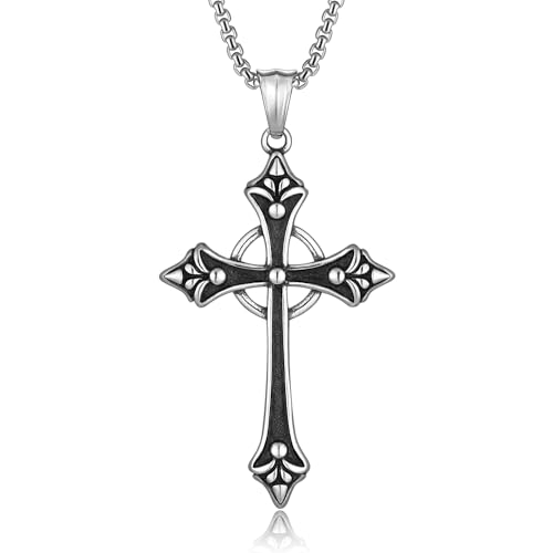 Gothic Celtic Cross Necklace, Stainless Steel Fleur De Lis Pendant | Eternity Ring Design, Reversible, Oxidized Finish, 316L Stainless Steel, Medieval Goth Jewelry, Unisex Gift, 22" Box Chain