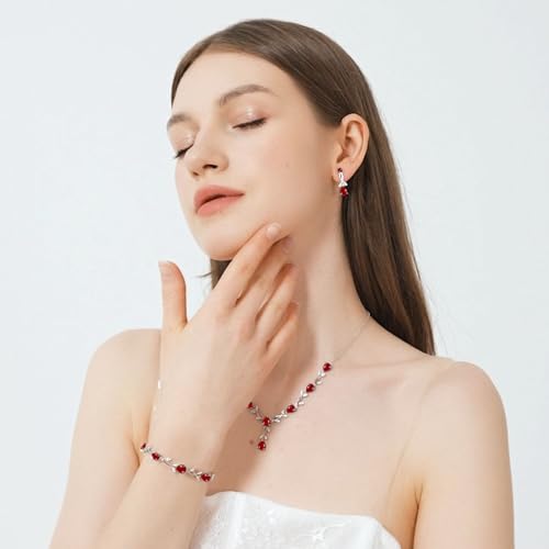 GZWHD Wedding Jewelry Sets for Bride Bridesmaid Women Cubic Zirconia Necklace Earrings Bracelet Set Gift for Mother Friend Wife Daughter Sister Party Prom Jewelry - color: Ruby