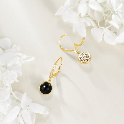 925 Sterling Silver 8mm Pearl Dangle Drop Earrings Moonstone Larimar Opal Rose Quartz Black Pearl Leverback Earrings for Women Christmas Gifts for Her - style: Black Onyx Earrings Golden