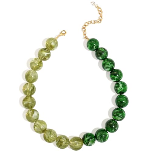 Chunky Beaded Choker Necklace for Women Boho Statement Necklace with Large Pearl Blue Brown Tone Resin Beads Summer Beach Jewelry Gifts - color: Two-Tone Green