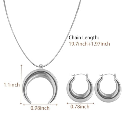 3 Circles Silver Hoop Earrings Necklace Set for Women Geometric Jewelry Set | 925 Silver Hypoallergenic Small Hoop Circle Geometry Textured Finish Minimalist Style Comfortable Wear - style: Crescent Moon Set