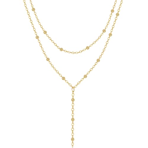 Lariat Gold Necklaces for Women Trendy Dainty Long Necklace 14k Gold Plated/Silver Layered Drop Beaded Chain Necklaces Y-shaped Pendant Necklace Simple Gold Jewelry Gifts - color: Beaded-Gold